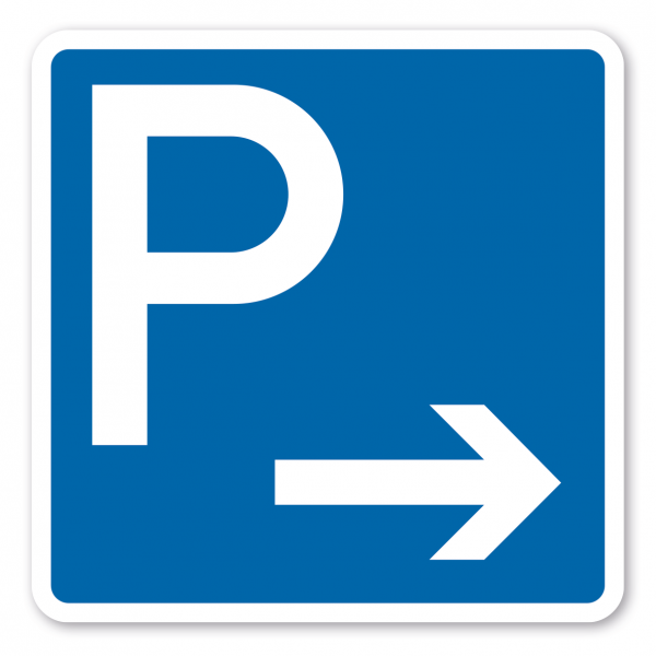 Parkplatzschild Parken - rechtsweisender Pfeil - quadratisch - Verkehrsschild
