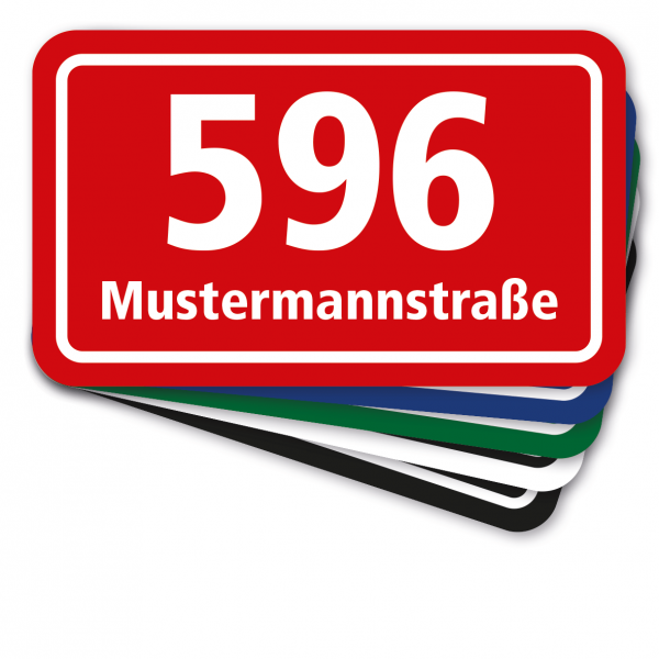 Hausnummernschild Standard mit Wunschnummer und Straßennamen in 5 Varianten