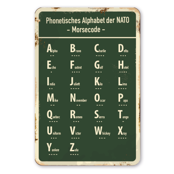 Retro Schild Phonetisches Alphabet der NATO mit Morsecode
