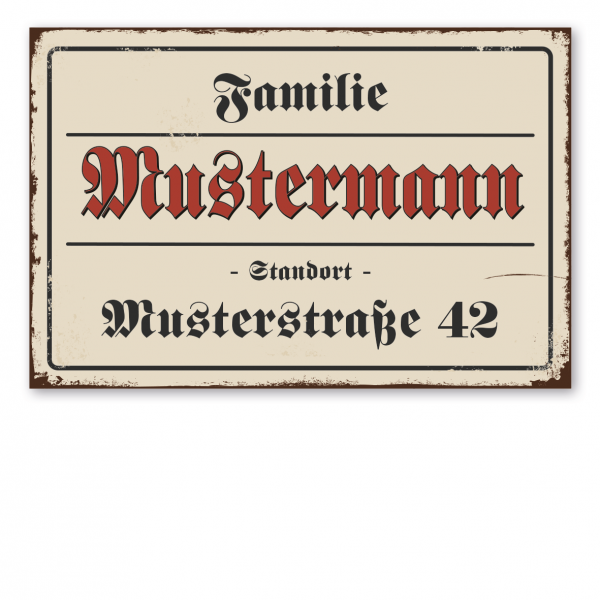 Retroschild / Vintage-Familienschild - Fraktur - mit individueller Namens- und Adressangabe