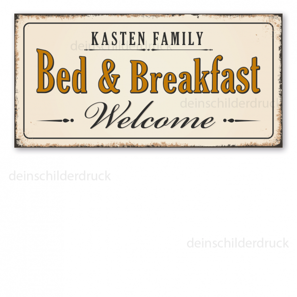 Retro Schild Bed & Breakfast - Welcome - mit Ihrem Familiennamen