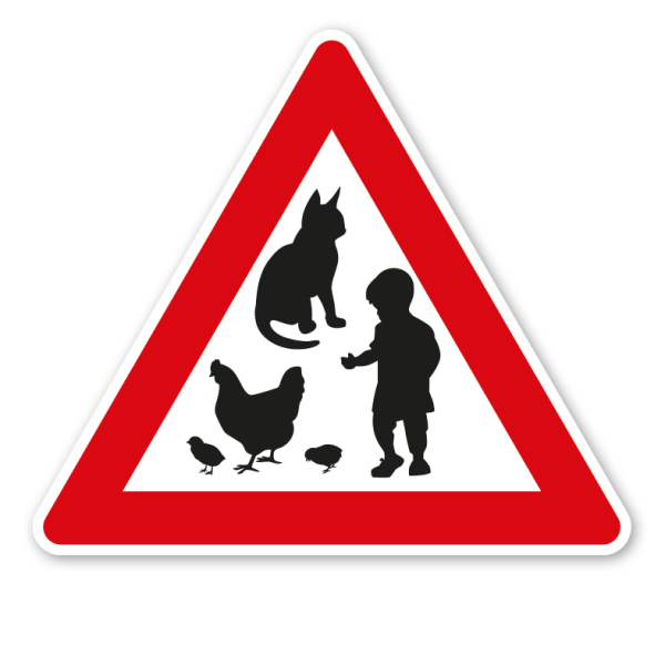 Verkehrsschild Achtung Kinder, Katzen, Hühner – VZ-PR-99